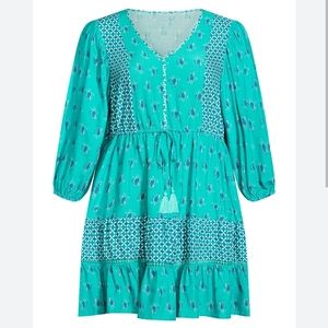 Avenue Aquamarine Cast Away Turquoise Dress Boho Puff Sleeve Size 14